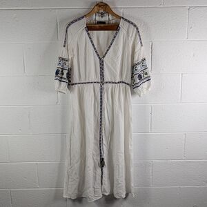 Zara Dress Womens S White Embroidered Floral Button Up Kaftan Midi Tunic Beach